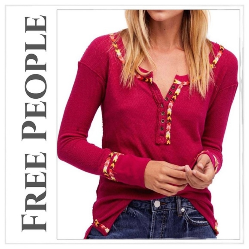 NEW Free People Rainbow Embroidered Pink Thermal